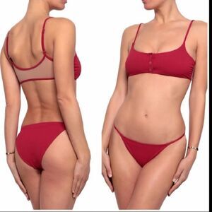 Tori Praver Ribbed Pink Bikini Set High Cut Bottom Adjustable Straps Designer, S